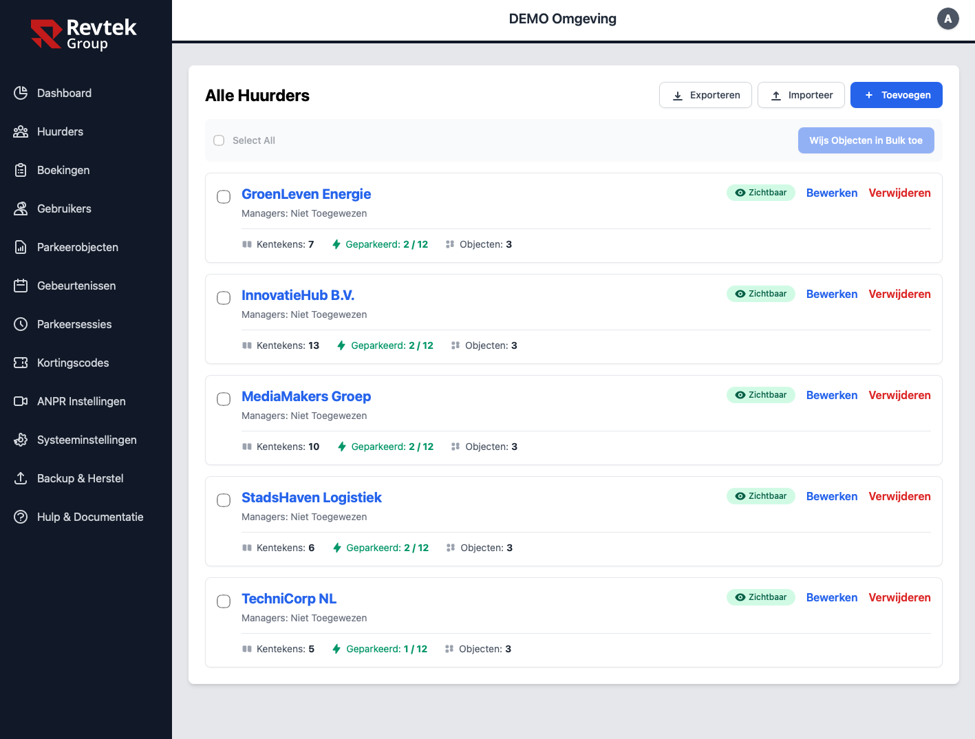 Revtek kantoorbeheer dashboard